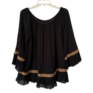 Easel Black Boho embroidered Detailing Flowing Long Sleeve Tunic Top Small